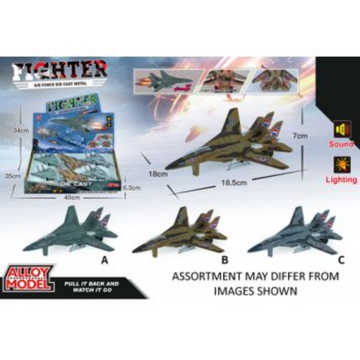 Picture of Pull Back Diecast Fighter Jets with Lights & Sounds assorted  (ONLY SOLD in Display of 6)
